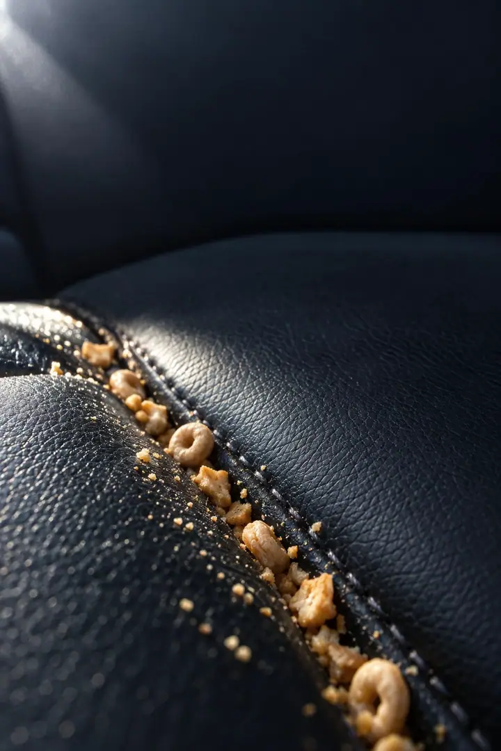 Cheerios and cracker crumbs stuck deep in the seam of a car seat